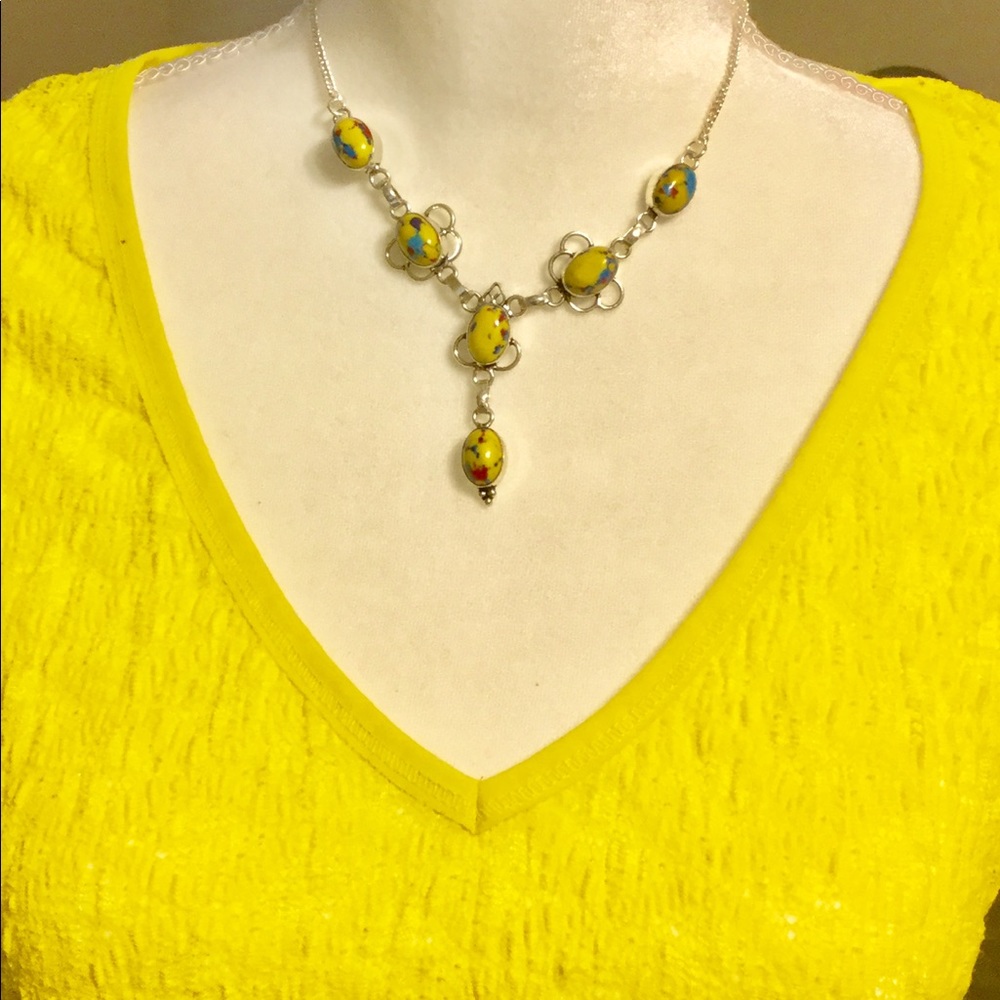 Beautiful Rainbow Mosaic Jasper Silver Necklace